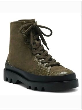 Vince Camuto Korigan Leather And Suede Lug Sole Ankle Booties Army Green SZ 9